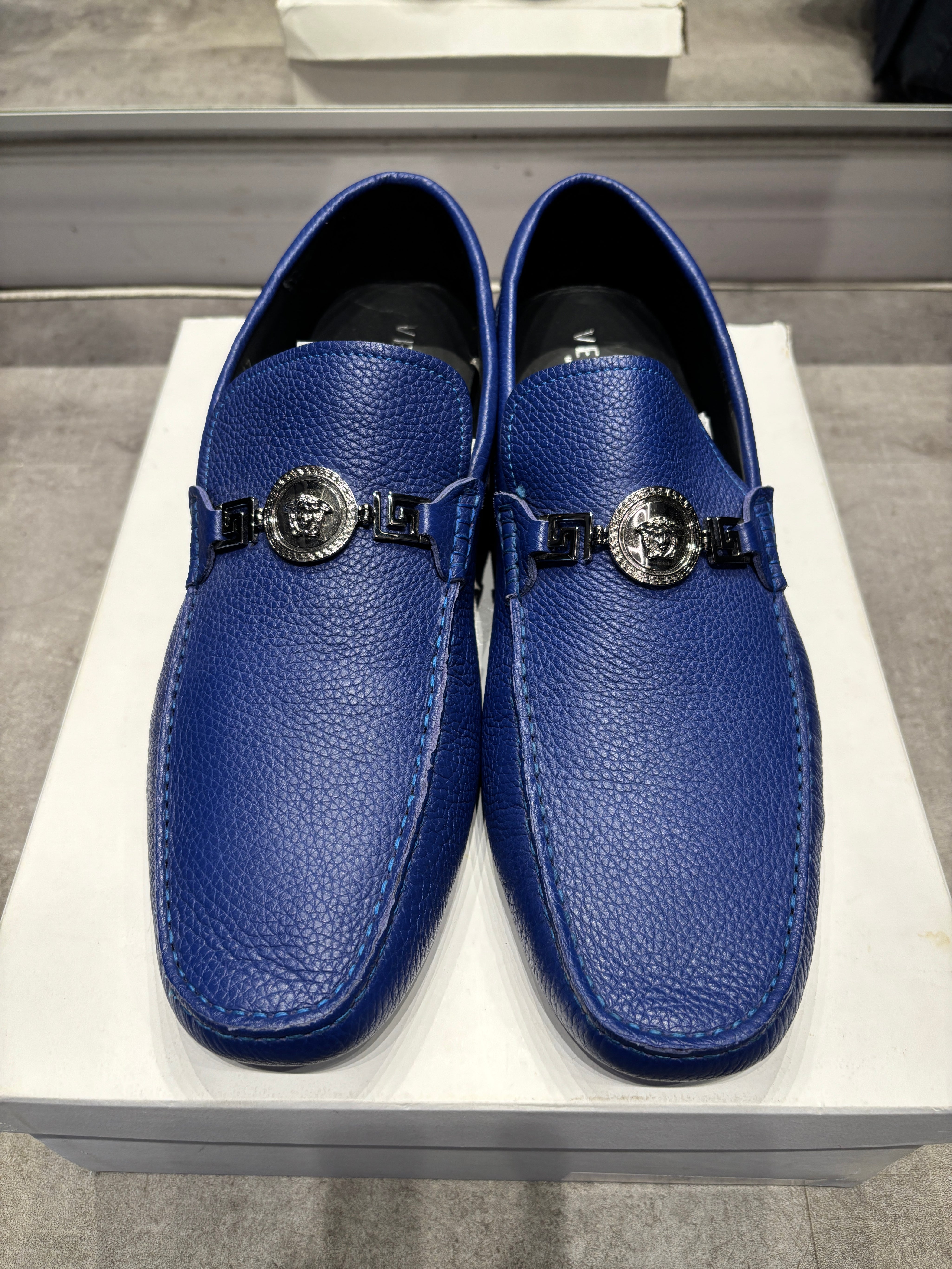 Versace Greca Medusa Leather Loafers Blue Leather (Preowned Size 47)