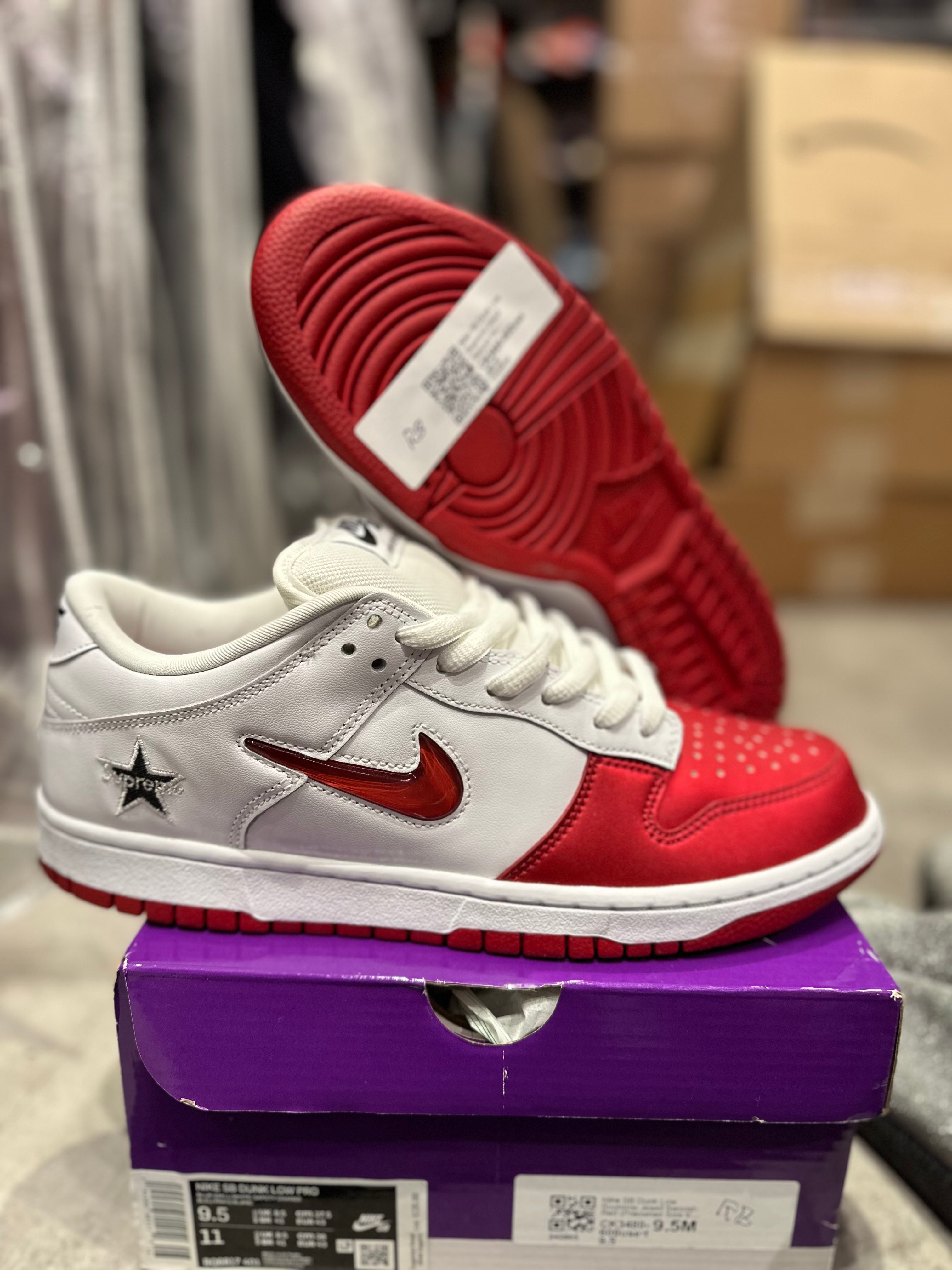 Nike SB Dunk Low Supreme Jewel Swoosh Red (Preowned Size 9.5 Rep Box)