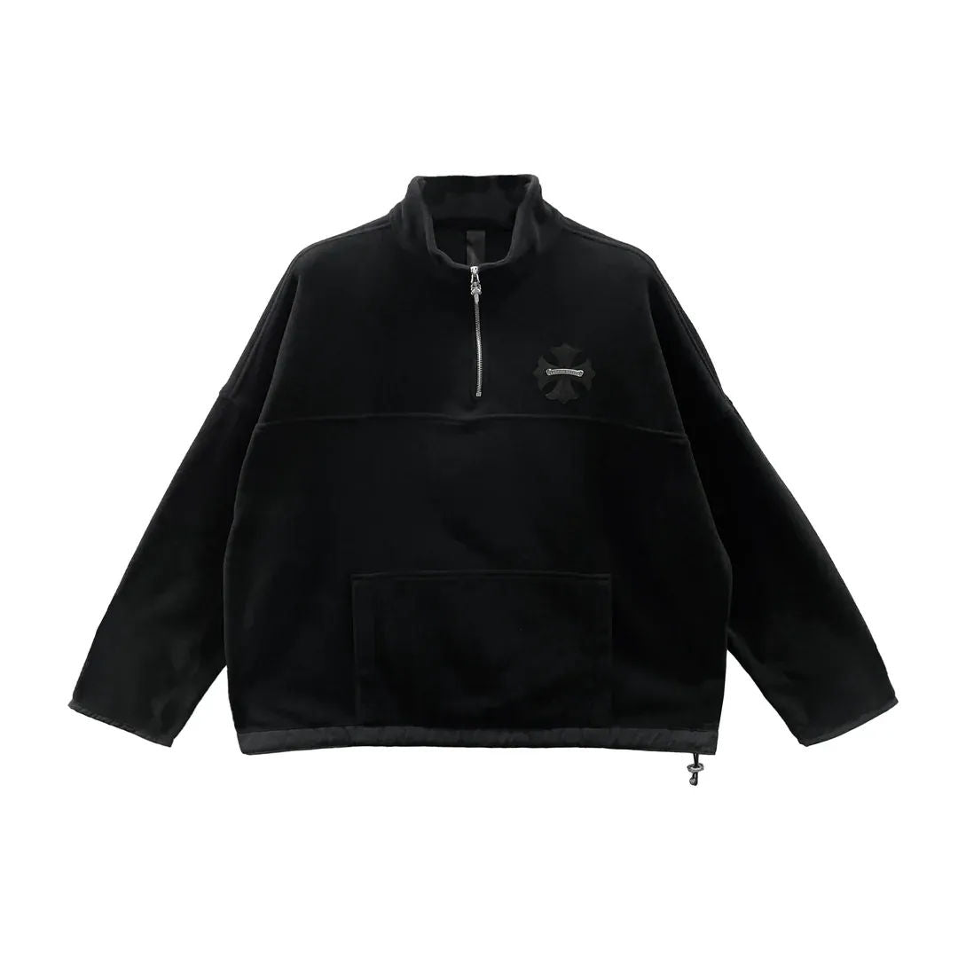 Chrome Hearts Leather Plus Cross Scroll Fleece Quarter Zip Black