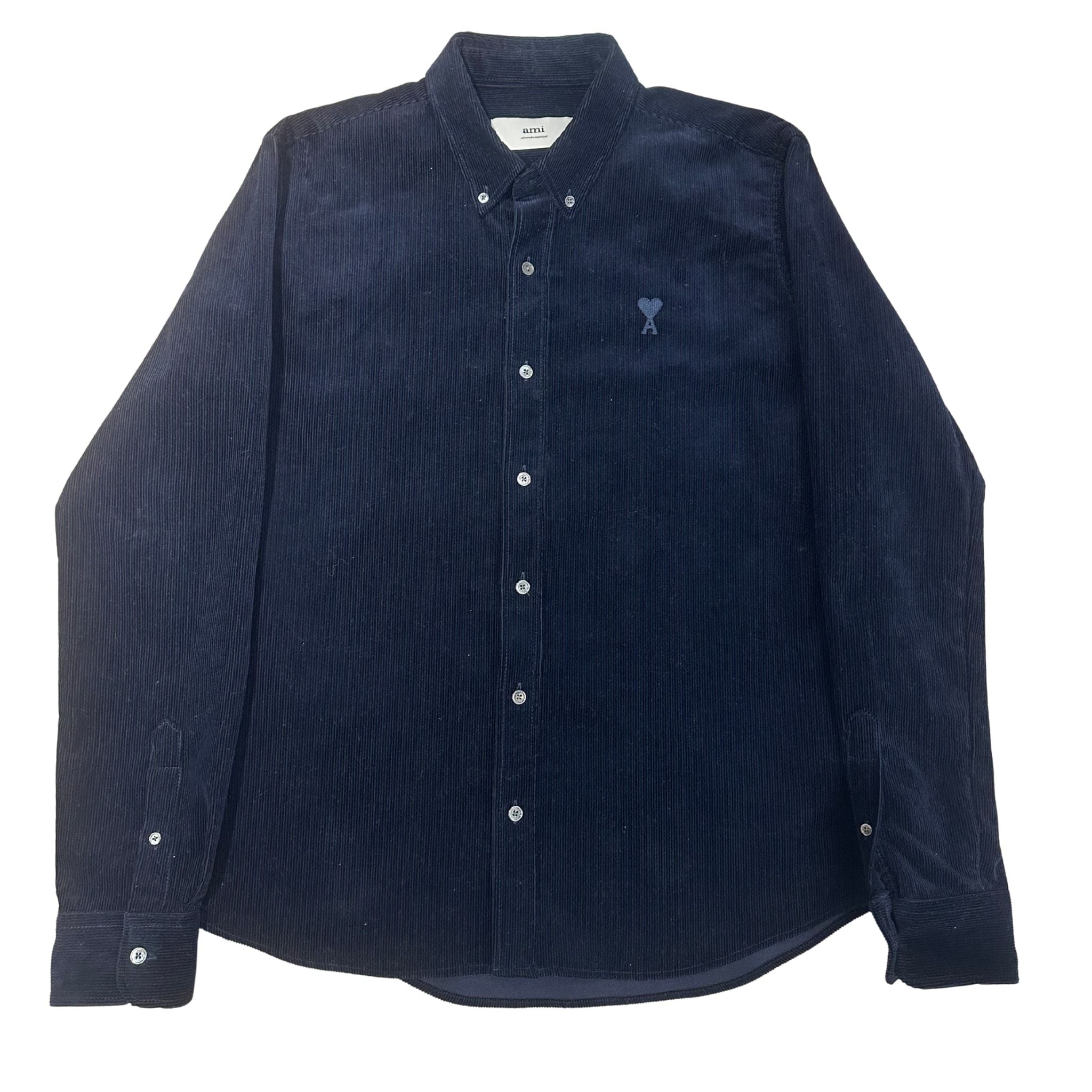 Ami Paris Tonal Heart Corduroy Shirt Navy (Preowned M) - Pre-Owned