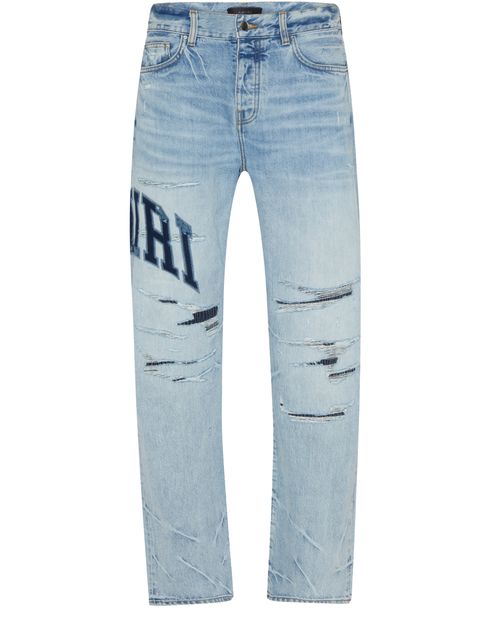 Amiri Embroidered Varsity Logo Repair Denim Jeans Blue