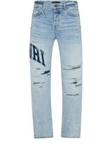 Amiri Embroidered Varsity Logo Repair Denim Jeans Blue