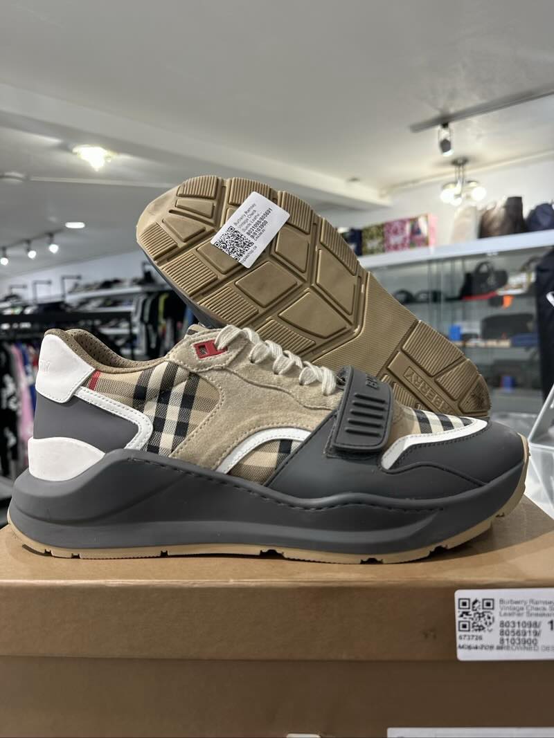 Burberry Ramsey Vintage Check Suede Leather Sneakers Grey Archive Beige - Pre-Owned