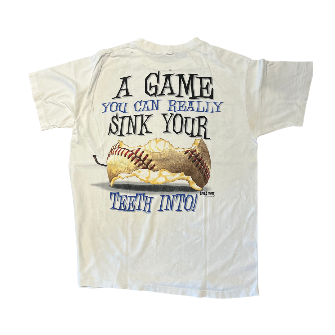 Vintage White 1996 Baseball Sink Your Teeth Into Distressed Tee