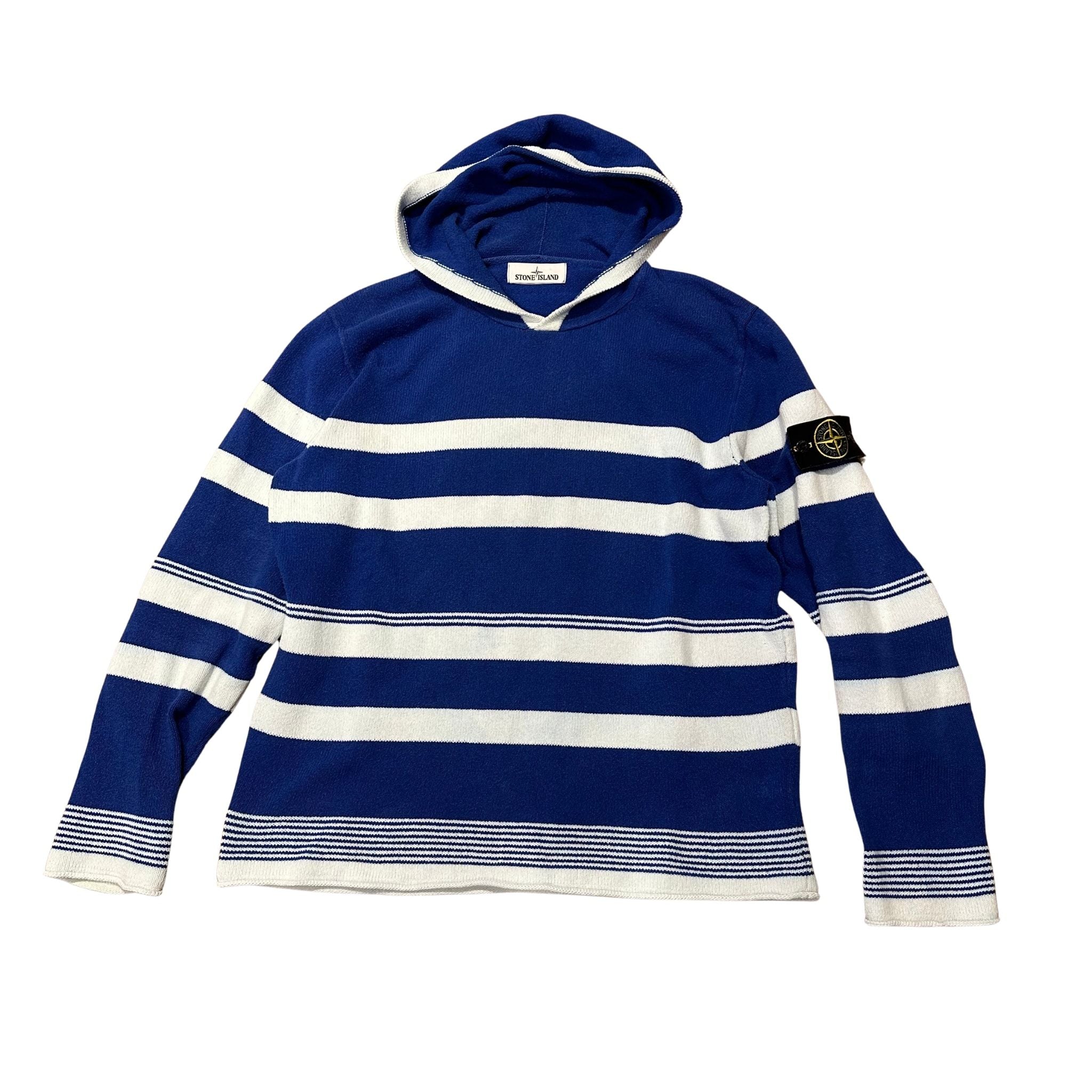 Stone Island SS14 Striped Knitted Hoodie Blue/White (Preowned Size XL, Fits L) - Pre-Owned