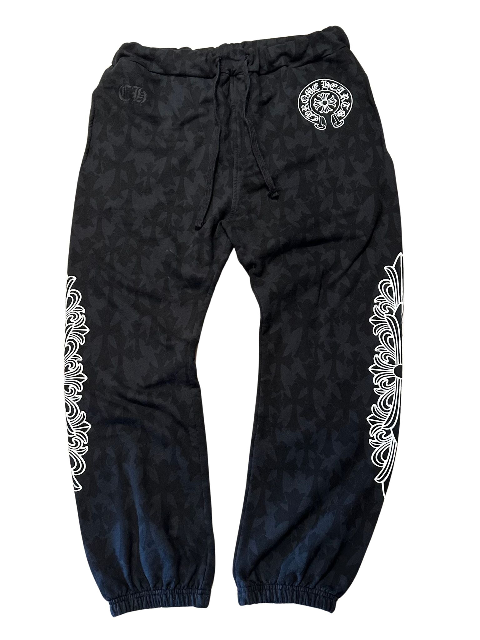 Chrome Hearts Cemetery Cross All Over Print Floral Logo Sweatpants Black (Lightly Used Size XL) - Pre-Owned