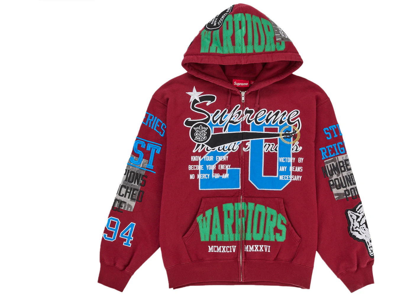 Supreme Warriors Applique Zip Up Hooded Sweatshirt Red