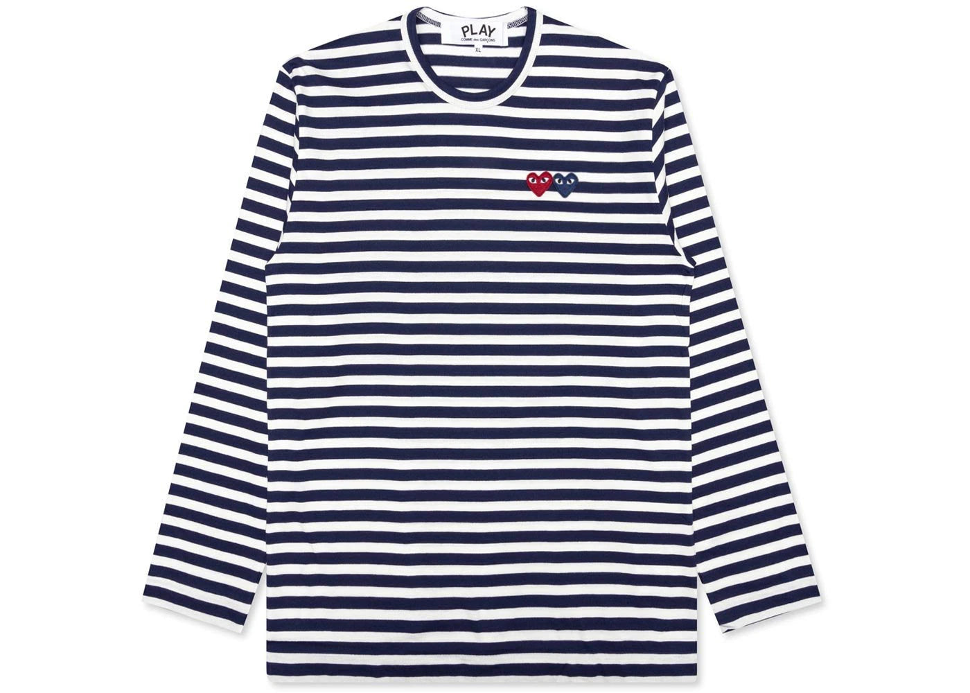CDG COMME DES GARÃ‡ONS PLAY DOUBLE HEART STRIPED LONG SLEEVE NAVY / WHITE