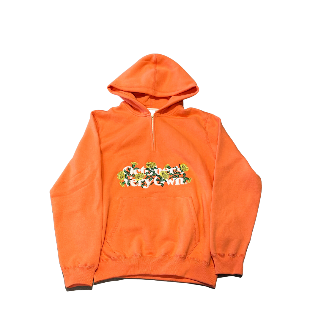 Ovo Embroidered Floral Quarter Zip Hoodie Coral