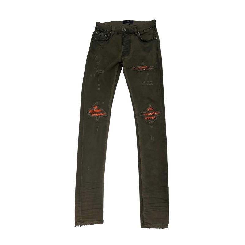 AMIRI MX1 Orange Bandana Patch Jeans Olive - Pre-Owned Size 29