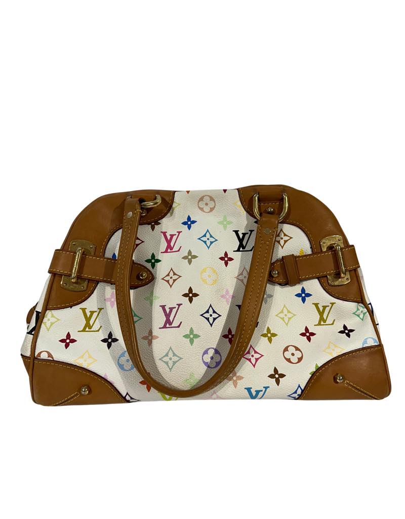 Louis Vuitton Claudia Shoulder Bag MM Brown White Canvas Leather Murakami Multicolore Monogram - Pre-Owned