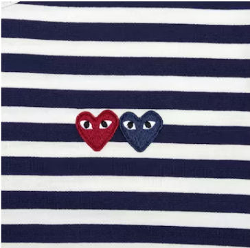 CDG COMME DES GARÃ‡ONS PLAY DOUBLE HEART STRIPED LONG SLEEVE NAVY / WHITE