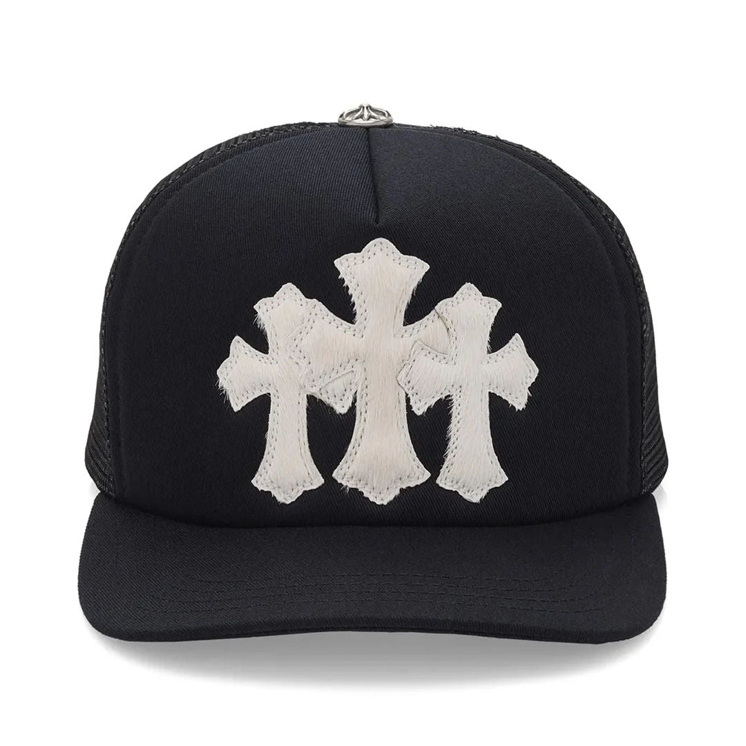 Chrome Hearts Triple Cross Patch Pony Hair White Trucker Hat