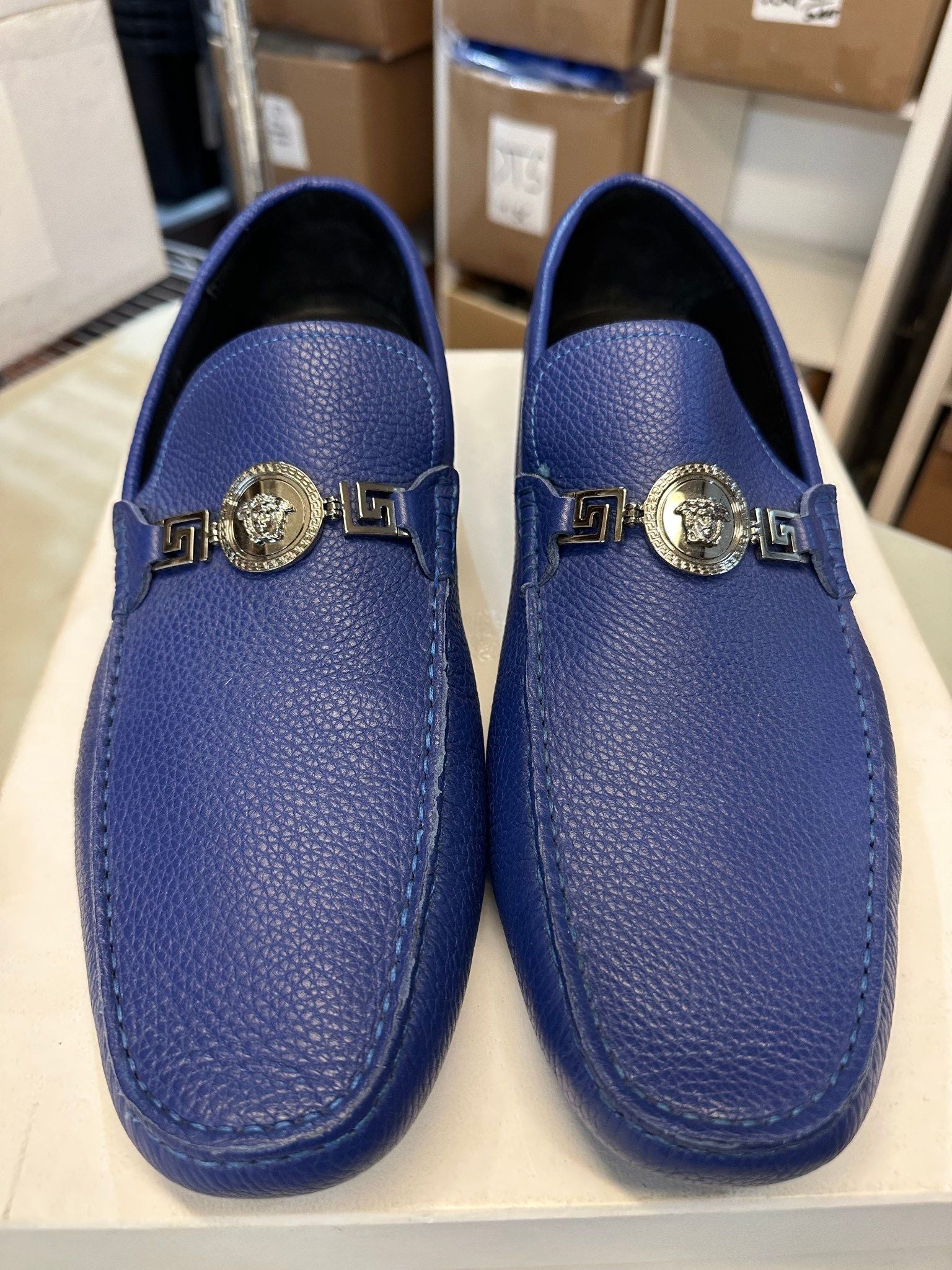 Versace Greca Medusa Leather Loafers Blue Leather - Pre-Owned Size 47