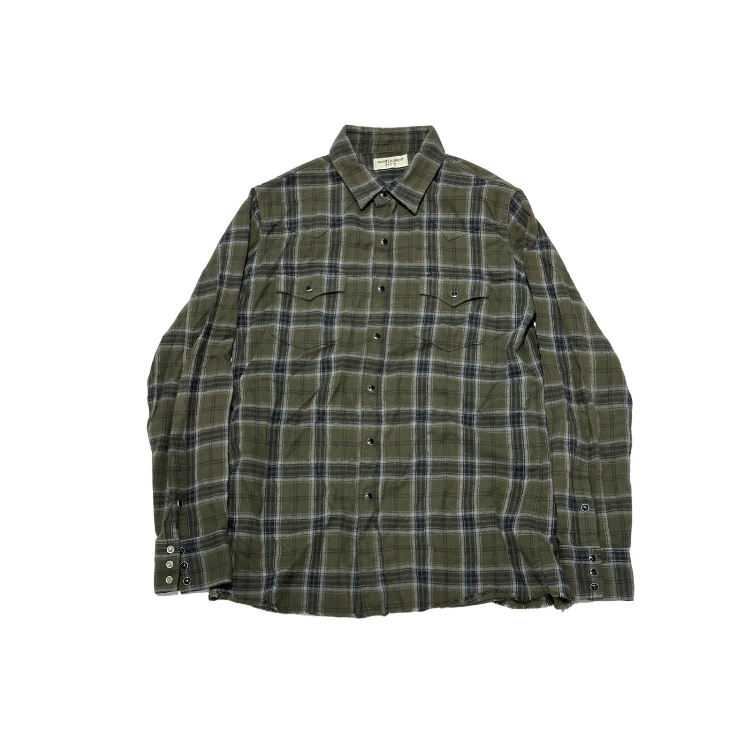 Saint Laurent Distressed Checked Cotton Flannel Shirt Olive - Pre-Owned Size M