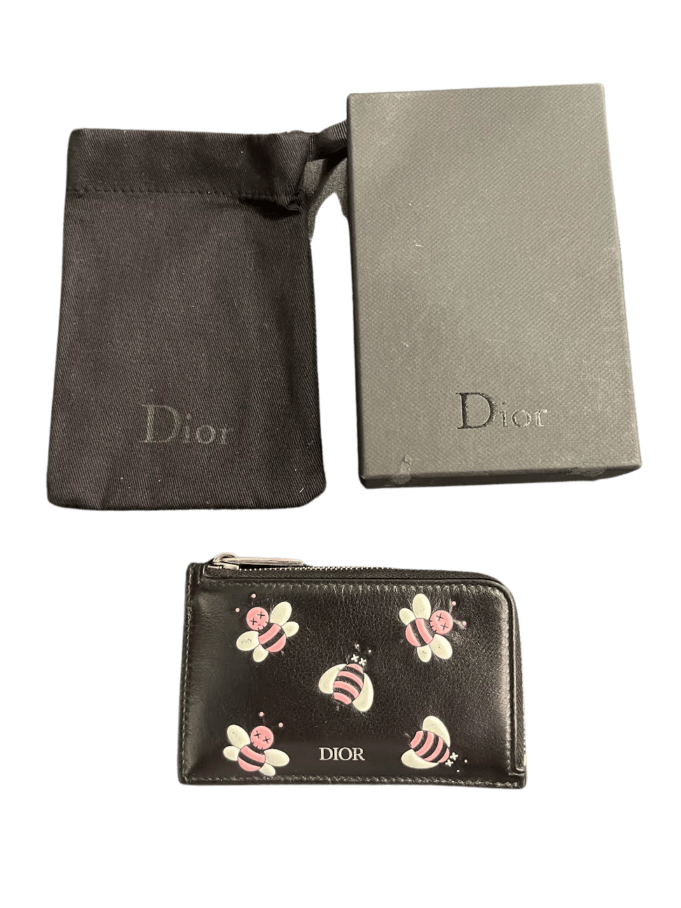 Dior x Kaws Zipped Card and Coin Holder Pink Bees Black (Preowned) - Pre-Owned