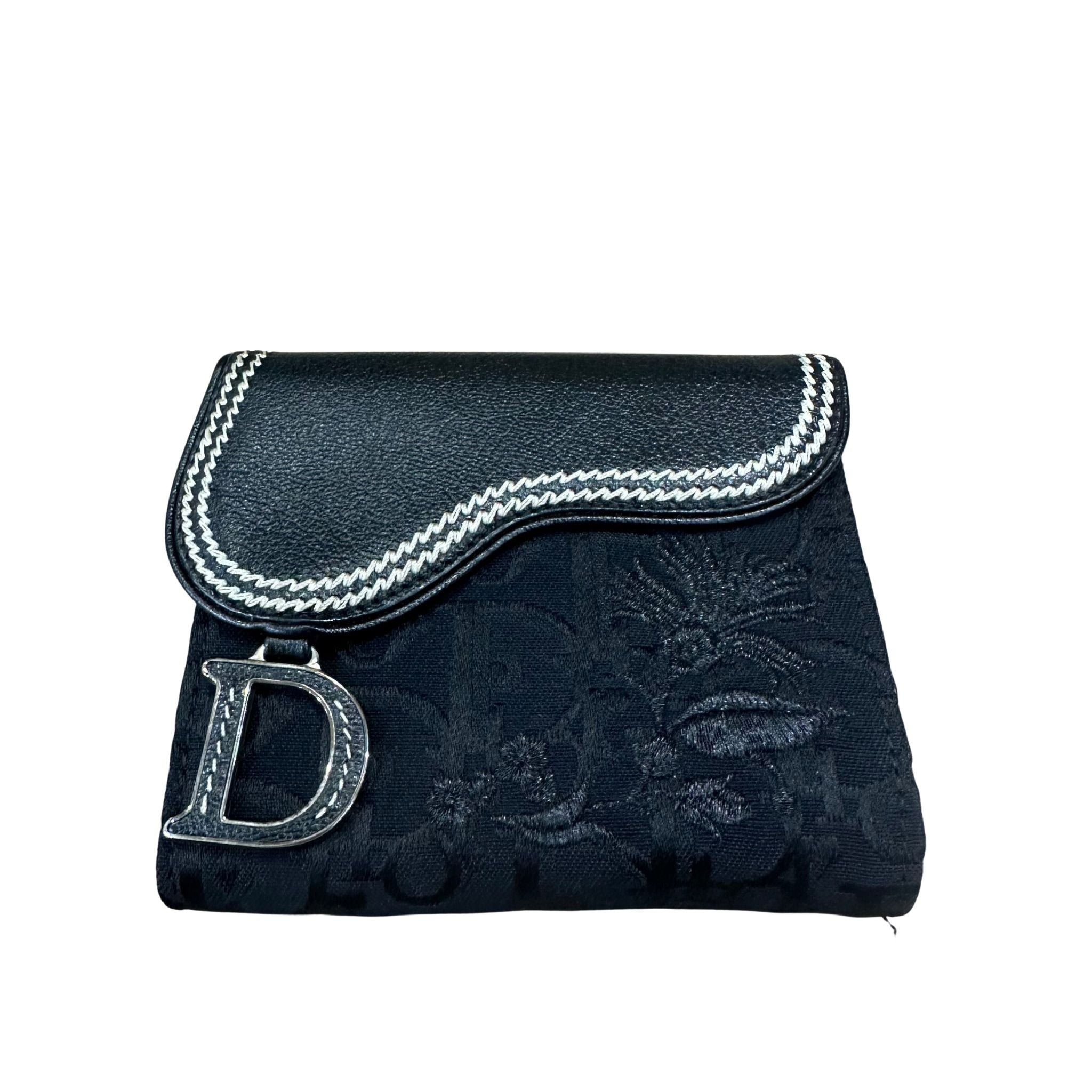 Dior Mini Saddle Compact Wallet Flower Oblique Black (Lightly Preowned) - Pre-Owned