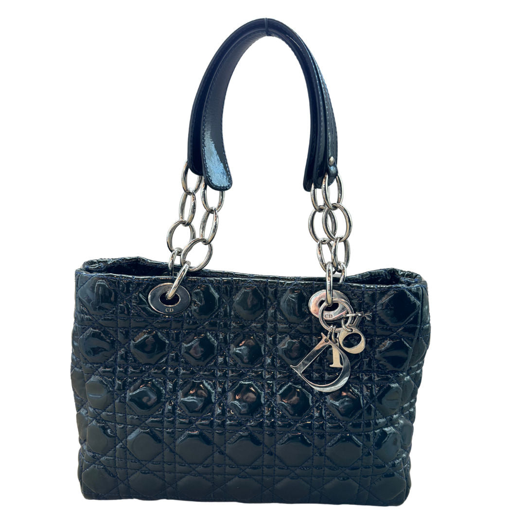 Dior Dark Green Cannage Quilted Patent Leather Shopping Tote Bag - Pre-Owned