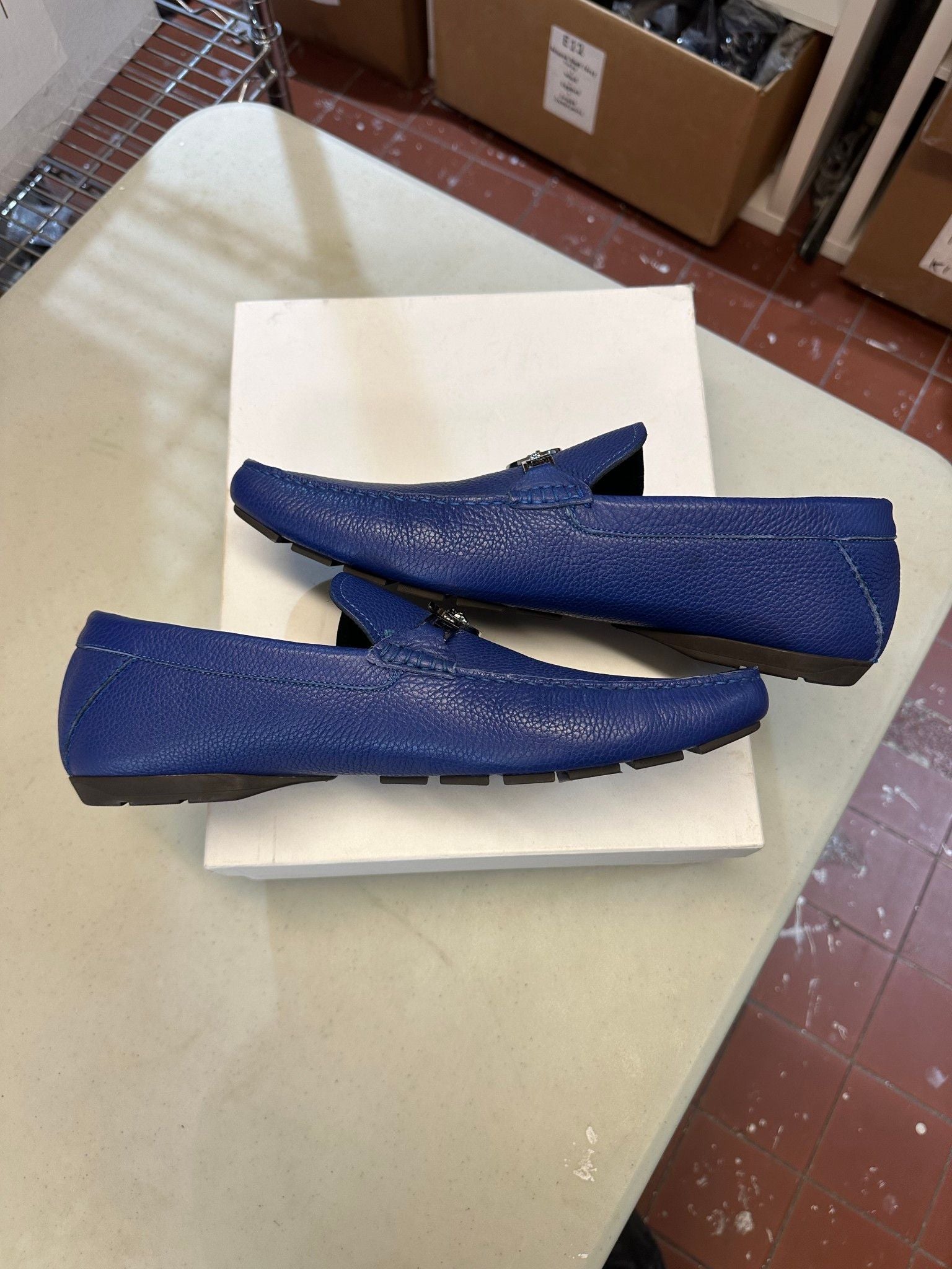 Versace Greca Medusa Leather Loafers Blue Leather - Pre-Owned Size 47