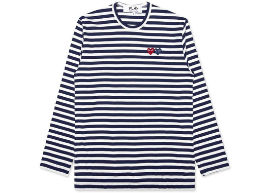 CDG COMME DES GARÇONS PLAY DOUBLE HEART STRIPED LONG SLEEVE NAVY / WHITE