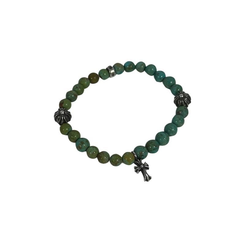 Chrome Hearts 6mm Silver Cross Beaded Bracelet Green