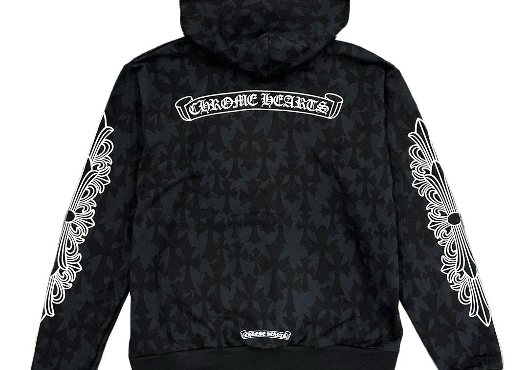 Chrome Hearts Cemetery Cross All Over Print Logo Hoodie Black