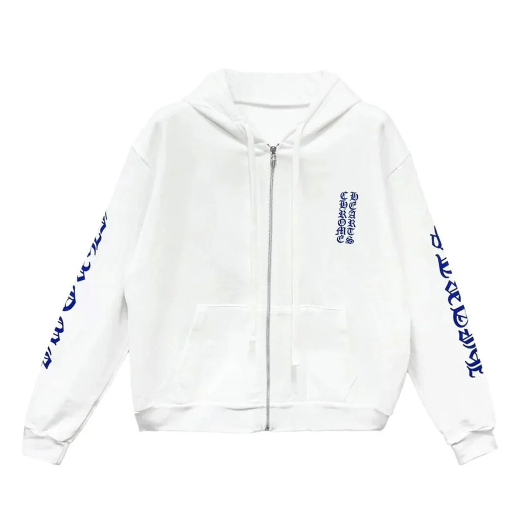 Chrome Hearts Vertical Logo Zip Up Hoodie White Blue