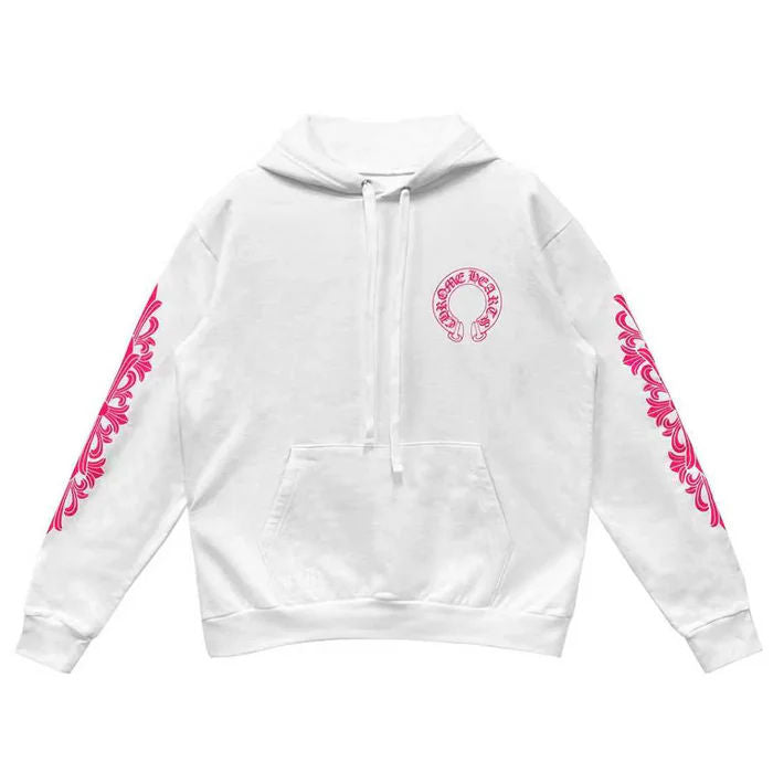 Chrome Hearts Pink Horseshoe Floral Sleeve Pullover Hoodie