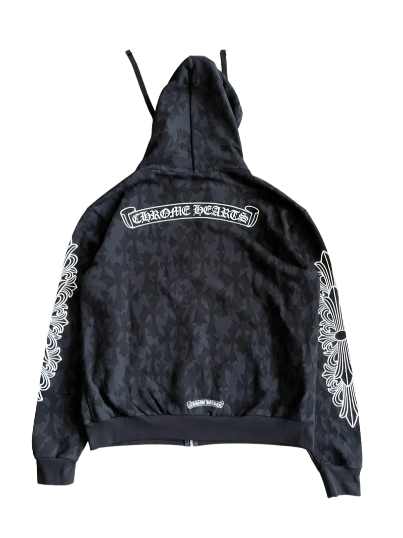 Chrome Hearts Cemetery Cross All Over Print Logo Zip-Up Hoodie Black