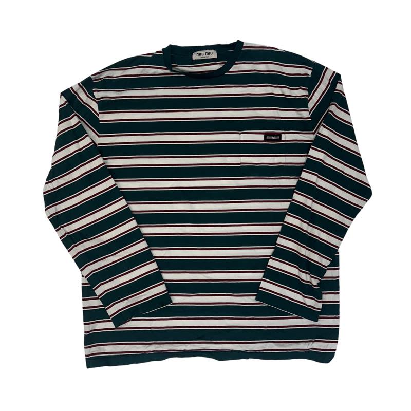 MIU MIU Stripped Cotton T-Shirt Green - Pre-Owned Size L