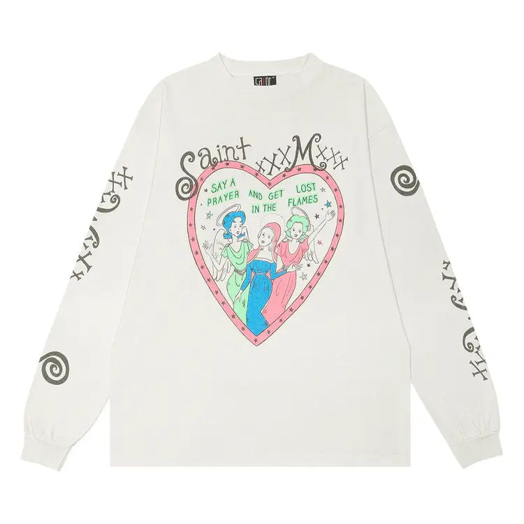 Saint Michael Pink Heart Long Sleeve Tee White