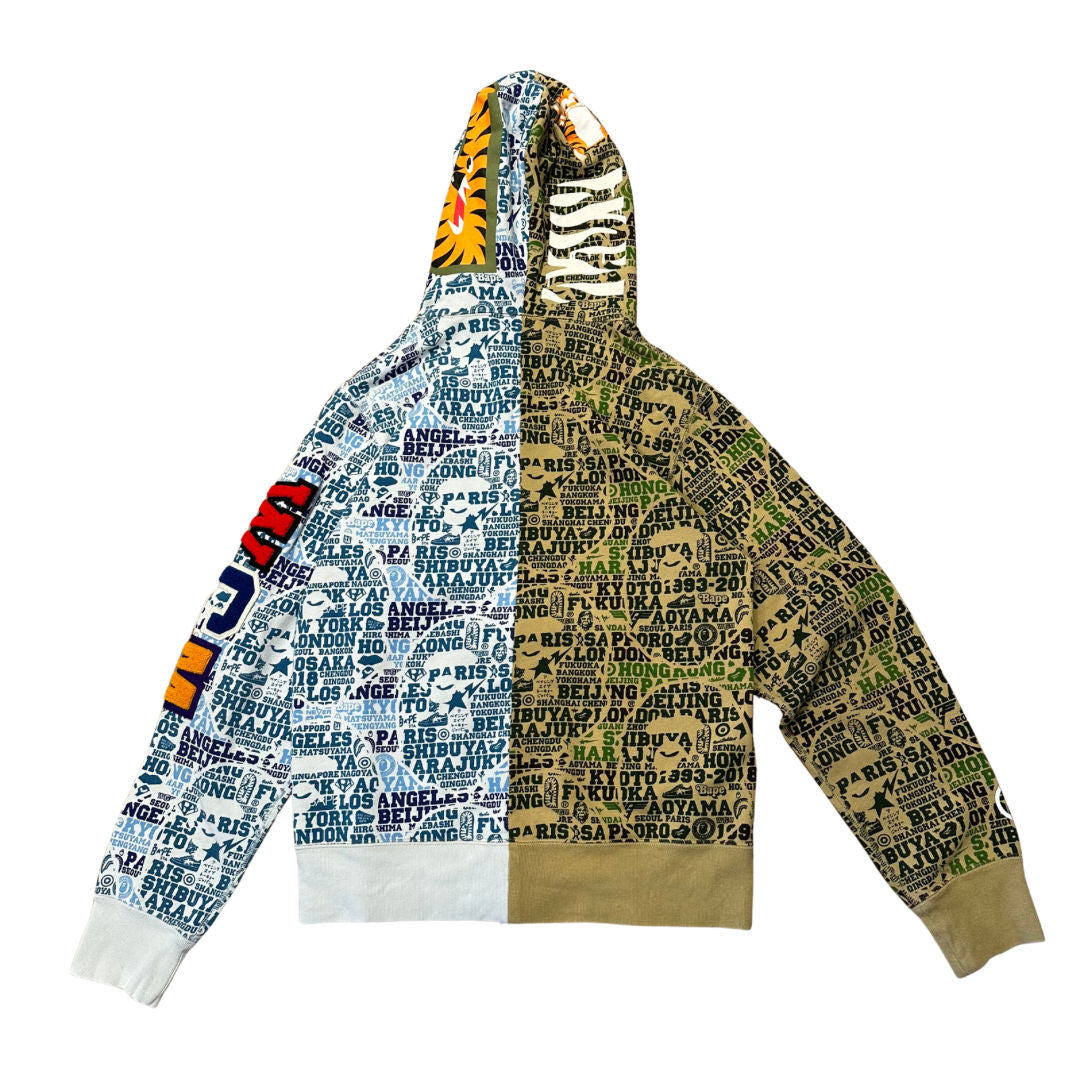BAPE XXV Cities Camo Tiger Shark Half Full Zip Hoodie Green/Blue (Preowned Size M) - Pre-Owned