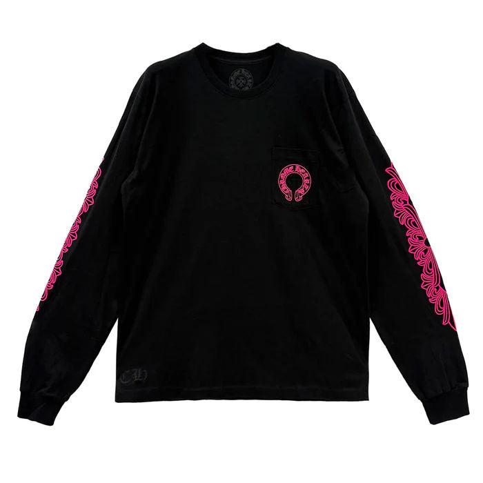 Chrome Hearts Pink Horseshoe Floral Long Sleeve T-Shirt Black
