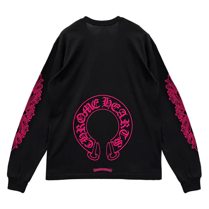 Chrome Hearts Pink Horseshoe Floral Long Sleeve T-Shirt Black
