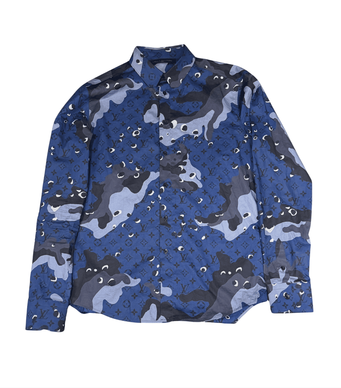 Louis Vuitton DNA Monogram Button Up Dress Shirt Blue Camouflage - Lightly Used Size M