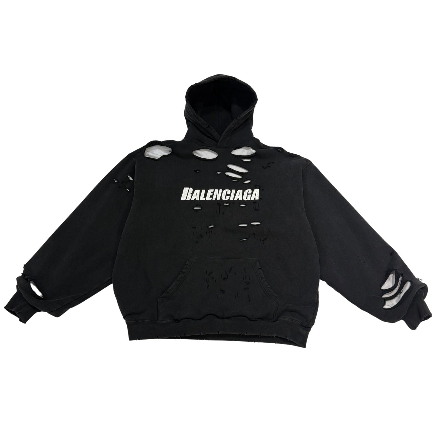 Balenciaga Caps Destroyed Hoodie Black/White - Pre-Owned Size L
