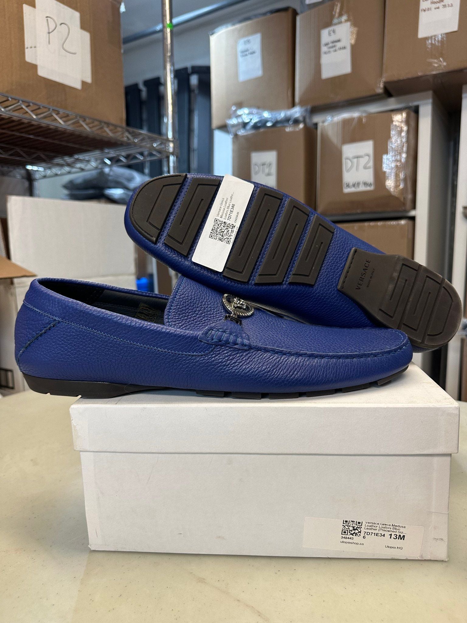 Versace Greca Medusa Leather Loafers Blue Leather - Pre-Owned Size 47