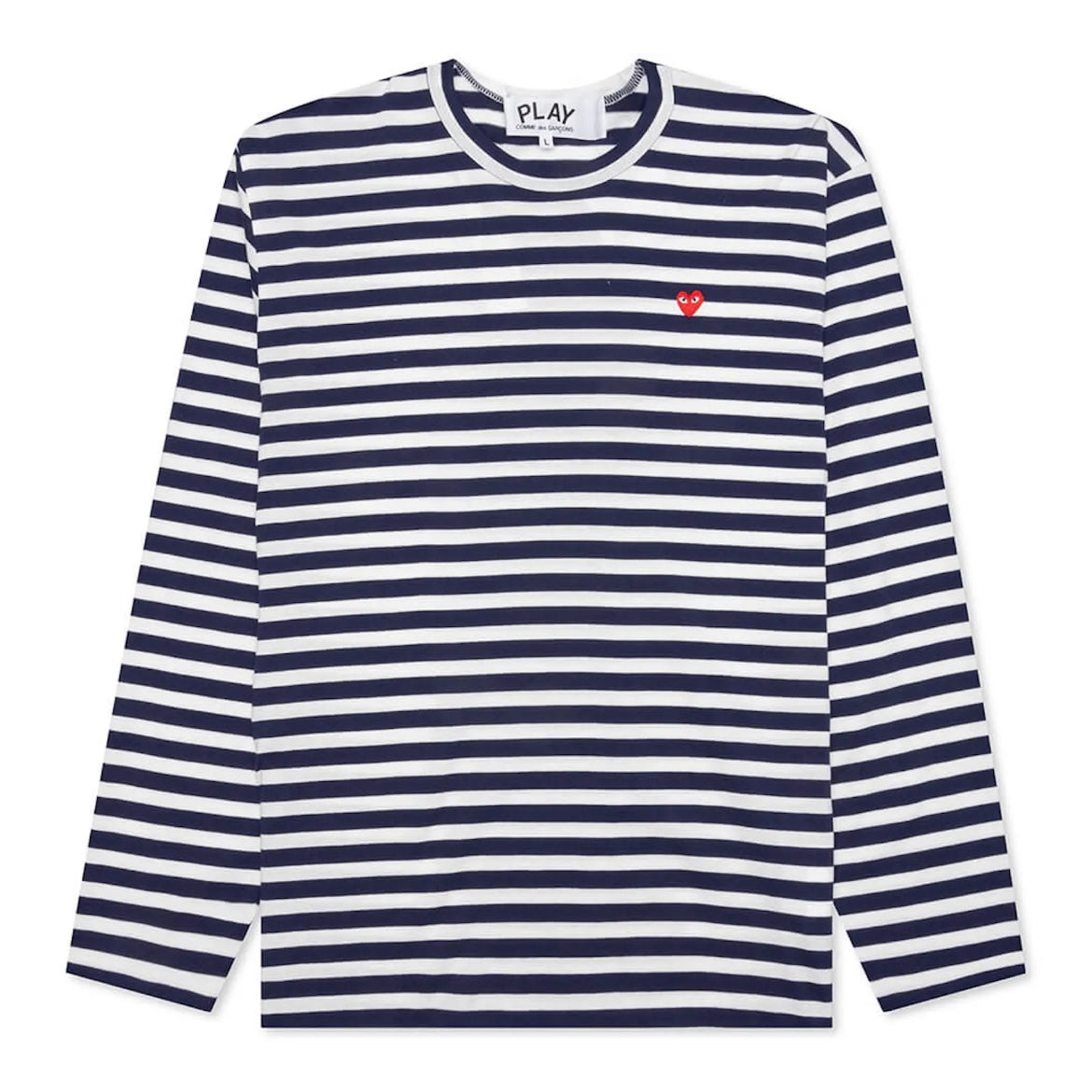 CDG COMME DES GARÃ‡ONS PLAY SINGLE HEART STRIPED LONG SLEEVE NAVY / WHITE