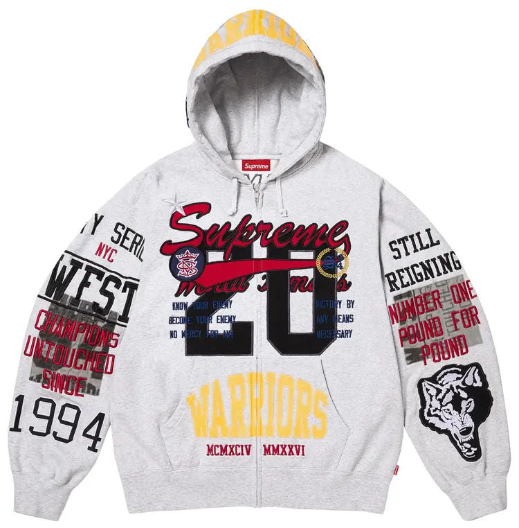 Supreme Warriors Applique Zip Up Hooded Sweatshirt Ash Grey