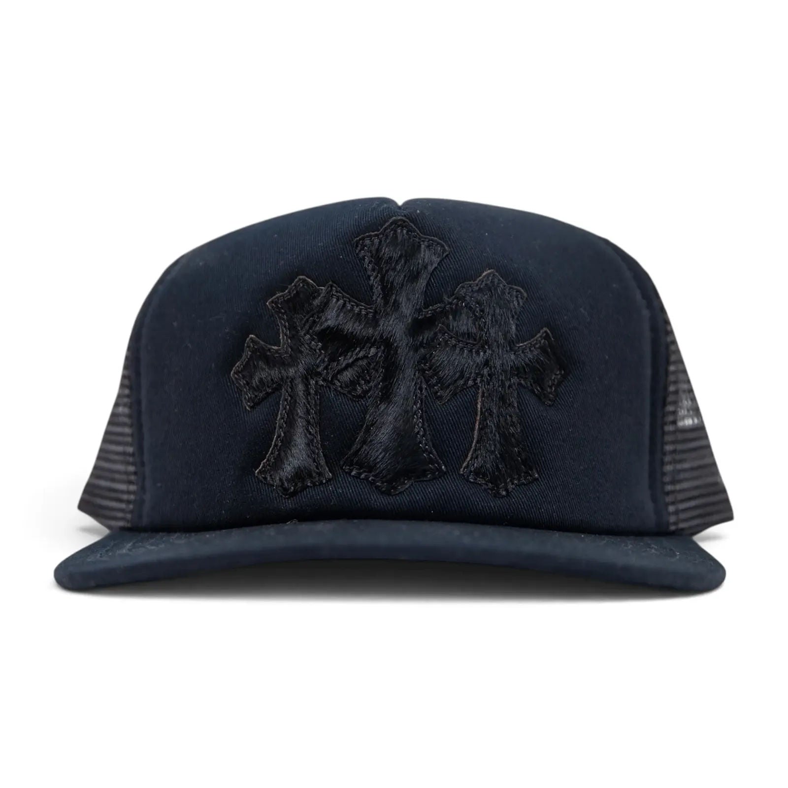 Chrome Hearts Triple Cross Patch Pony Hair Black Trucker Hat