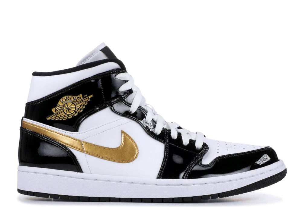 Jordan 1 Mid Patent Black White Gold