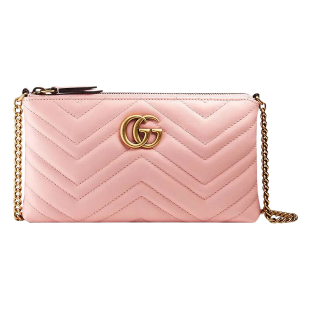 Gucci GG Marmont Chain Shoulder Bag Matelasse Leather Mini Pink, brand new