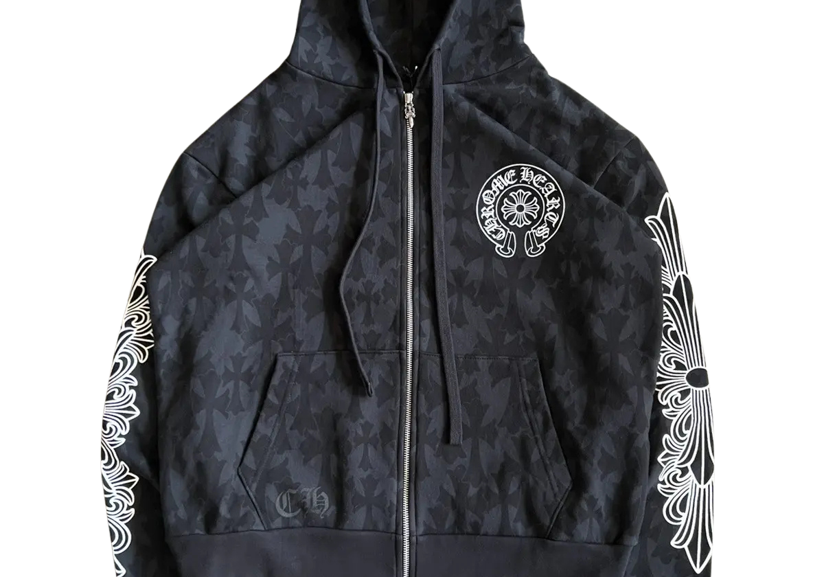 Chrome Hearts Cemetery Cross All Over Print Logo Zip-Up Hoodie Black