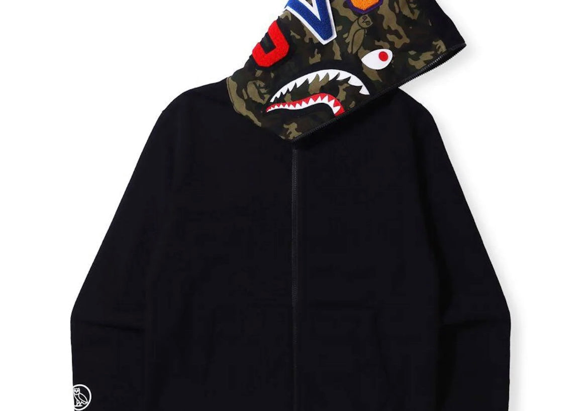 Bape x OVO Woodland Camo Shark Reversible Full Zip Hoodie Black