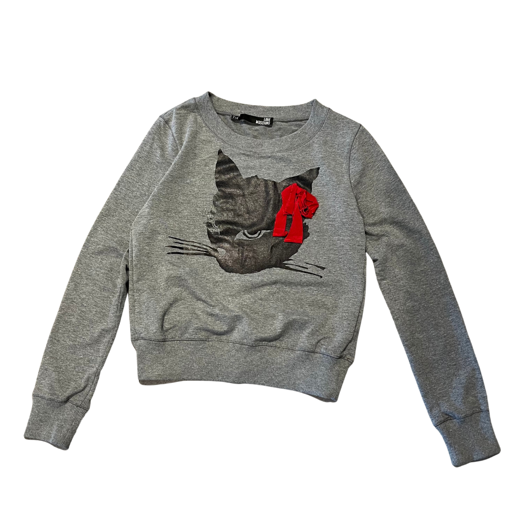 Love Moschino Red Bow Cat Grey Crewneck (Preowned)