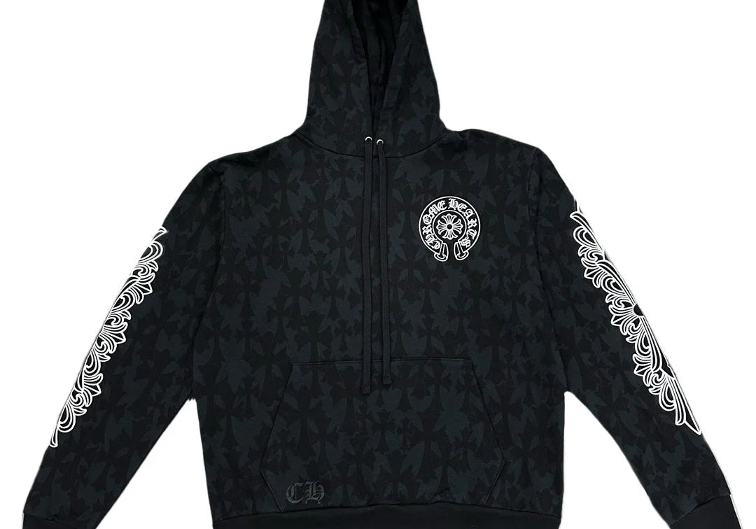 Chrome Hearts Cemetery Cross All Over Print Logo Hoodie Black