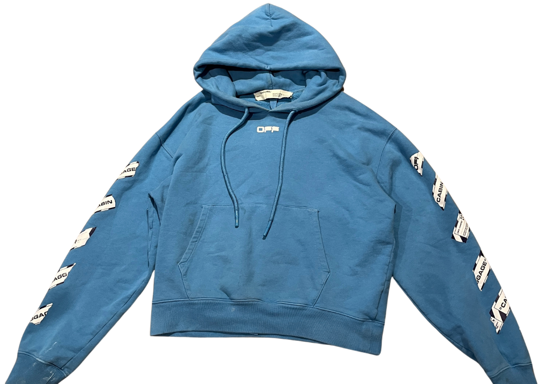 Off-White Airport Tape Hoodie Blue (Preowned Size L)